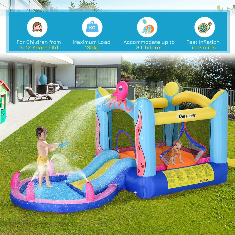 Outsunny Bouncy Castle Inflatable Trampoline Slide Pool Octopus Design