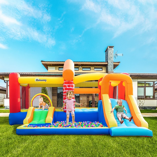 Outsunny 4 in 1 Kids Bouncy Castle Extra Large Double Slides & Trampoline Design Inflatable House Pool Climbing Wall