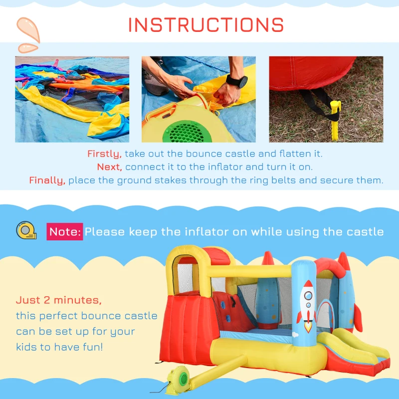 Outsunny Bouncy Castle Inflatable Trampoline Slide Pool Rocket Design 3.4 x 2.8 x 1.85m